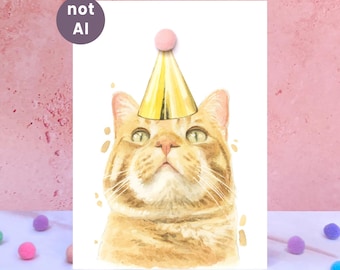 Ginger Tabby Cat Pompom Birthday Card
