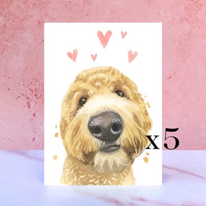 Paquete de 5 tarjetas Golden Doodle Licks & Kisses para San Valentín, aniversarios y del perro