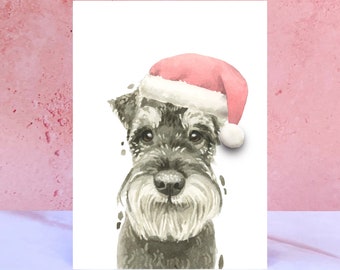 May include: A watercolor painting of a black and gray schnauzer wearing a red and white Santa hat. The dog is looking directly at the viewer.