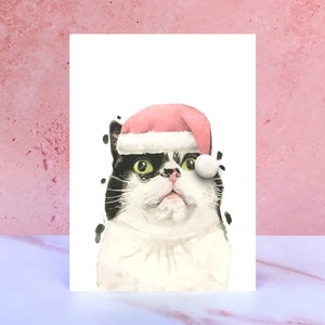Carte de Noël pompon chat noir et blanc