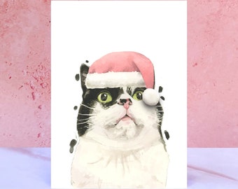 Black and White Cat Pompom Christmas Card