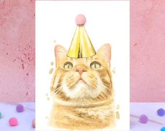 Ginger Tabby Cat Pompom Birthday Card