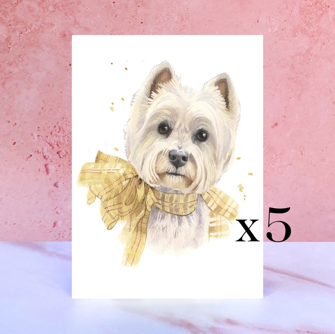 Pack of 5 Westie Christmas Cards, Cute West Highland White Terrier Art Xmas Holiday Greeting
