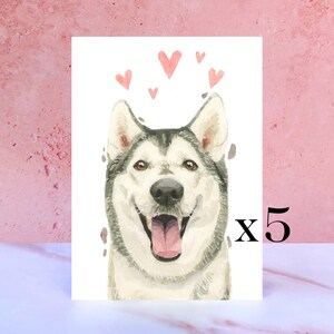Paquete de 5 tarjetas de lamidos y besos de Husky Siberiano para San Valentín, aniversarios y del perro