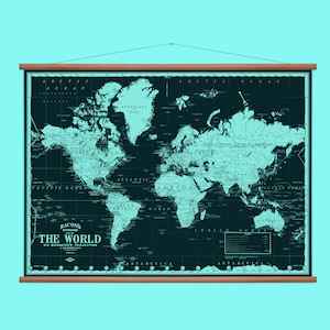 Pull Down Wall Map World Map Black Old world map School Chart Black and white Dark color image 1