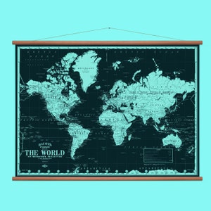 Mappa da parete a scomparsa - Mappa del mondo (nera) - Mappa del vecchio mondo - Grafico scolastico - Bianco e nero - Colore scuro
