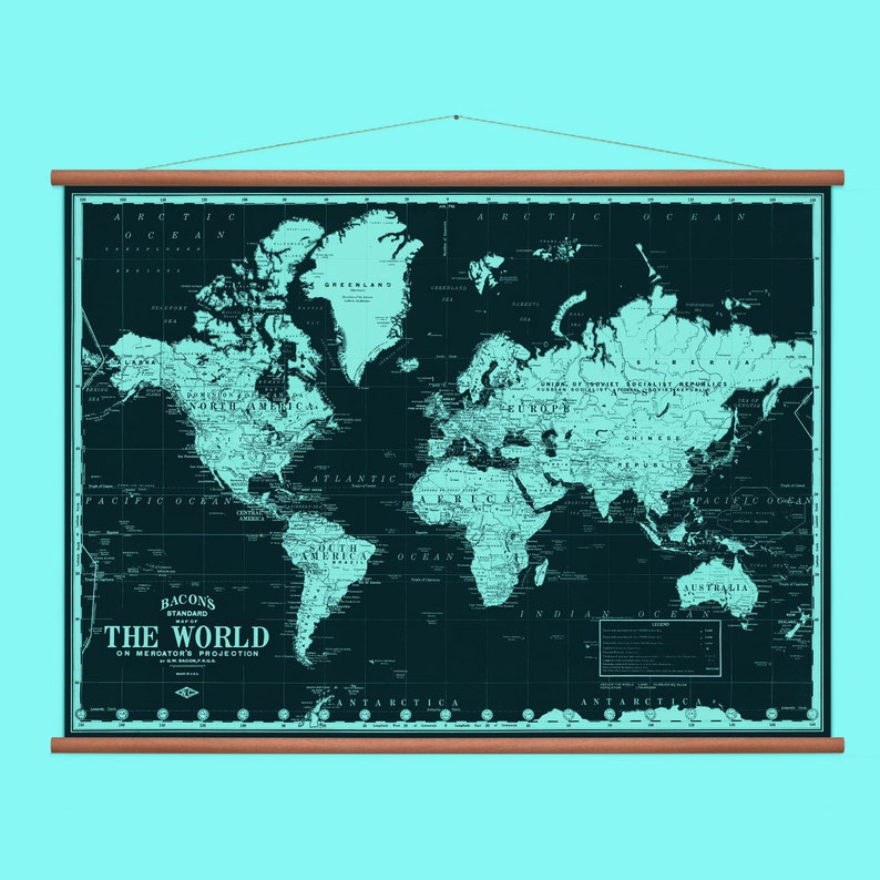 Pull Down Wall Map World Map Black Old world map School Chart Black and white Dark color image 1