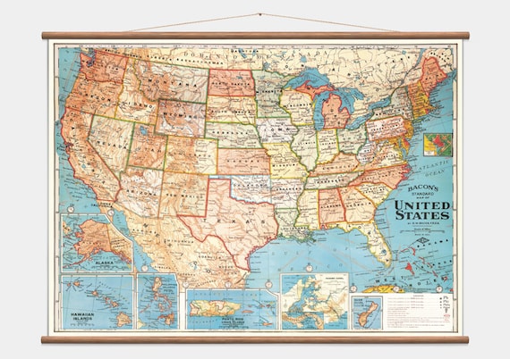 Pull Down Wall Map United States America - Etsy