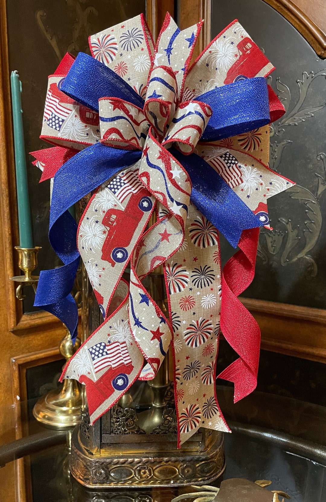 Flag Wreath Bows, Red Truck Patriotic Bow, Lantern Bow, July 4th Red ...