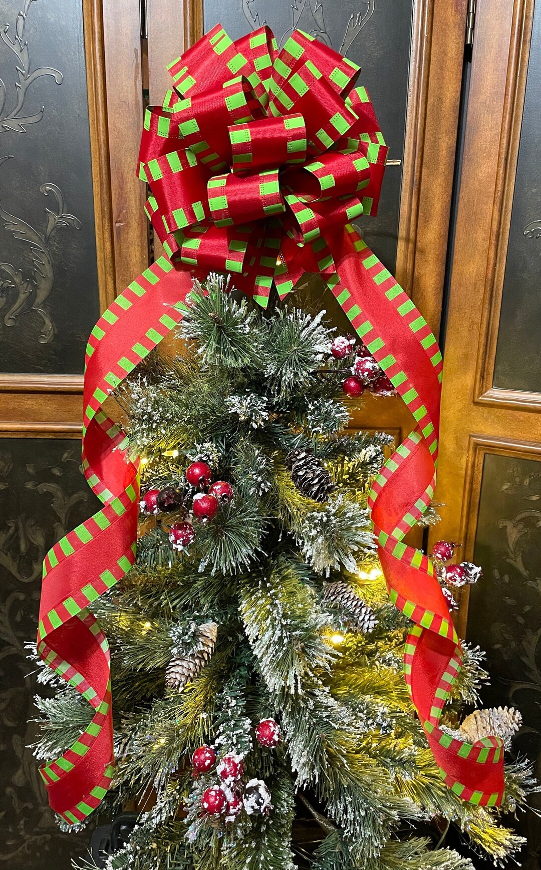 Christmas Tree Topper Bow, Red and Lime Green Stripe, Christmas Bows