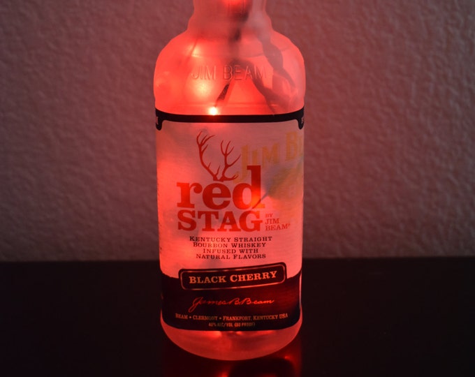 Jim Beam Liquor Bottle Light Red Stag Black Cherry Frosted (Red Lights) Happy New Year, Christmas Gift, Birthday Gift, Night Light,Bar Light