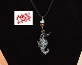 Blue Seahorse Pendant Necklace, Black Suede Cord, Dichroic Glass Bead, Fresh Water Pearl, Silver Clasp, Seahorse Design, Seahorse Necklace