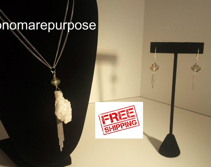 Druzy Geode Crystal Pendant Necklace and Earring Set, Fringe, Holiday, Special Occasion Necklace and Earings, Crystal Necklace, Necklace