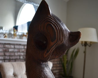 Vintage 1960s WITCO Abstract Tiki Cat Kitten Hand Carved Wooden Statue, Mid Century Modern Witco Lounge Art Decor, Danish Modern Accent, Cat