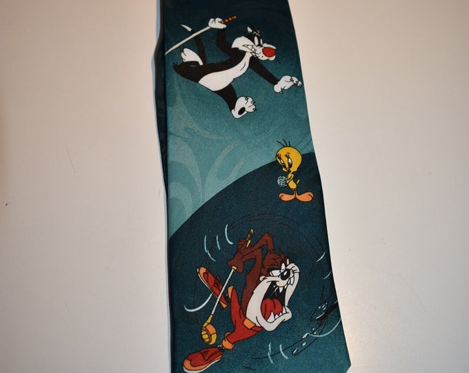 Vintage 1996 Looney Tunes Tasmanian Devil Sylvester Tweety Golfing Mens Necktie,Looney Tunes Tie, Polyester Tie,Animation Character Mens Tie