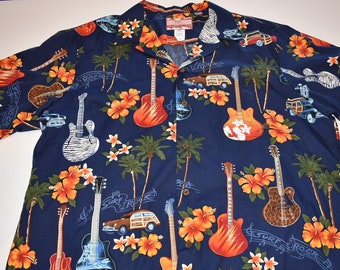 RJC Hawaiian Aloha Shirt Men's Size XL Surf Rock Guitar Woody Graphic Made USA, Hawaiian Shirt, L, Tiki Shirt, Tiki Party, Tiki Time