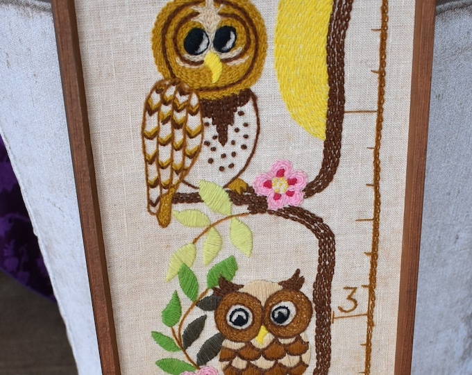 Vintage 1980 Owls Framed Needlepoint 40"t x 9.5"w Owl Tree Child Wall Measuring Stick,Vintage 1980 Framed Owl / Birds Embroidery Needlepoint