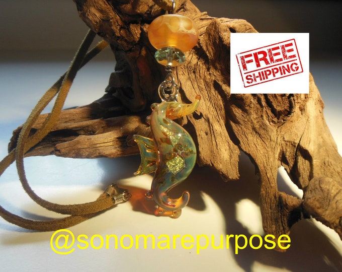 Seahorse lampwork glass pendant with leather suede necklace, Glass Seahorse Pendant, Suede Necklace, Lampwork Necklace, Tropical Necklace