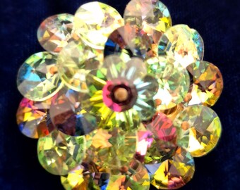 Vintage Round Rivoli Crystal Brooch, Aurora Borealis crystals, 1960-70's, Rainbow, Brooch, Vintage Pins, Brooch Pin, Mod, Mid Century