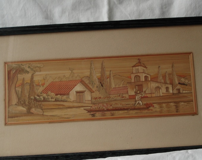 Antique Straw Painting of a Spanish/Mexican Style Man/Church Scene by an Unknown Artist, Early 20th Century, with Appraisal Report