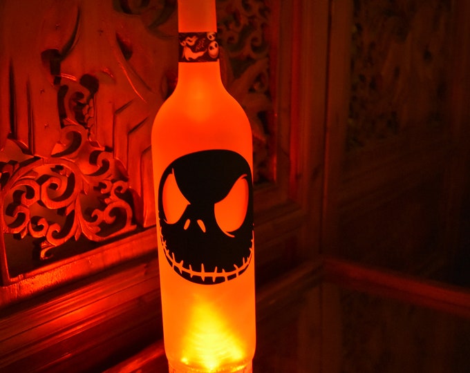 Nightmare Before Christmas Bottle Light Jack Skellington Face Frosted Wine Bottle Multi Color or Individual Color w/Remote, Halloween Light