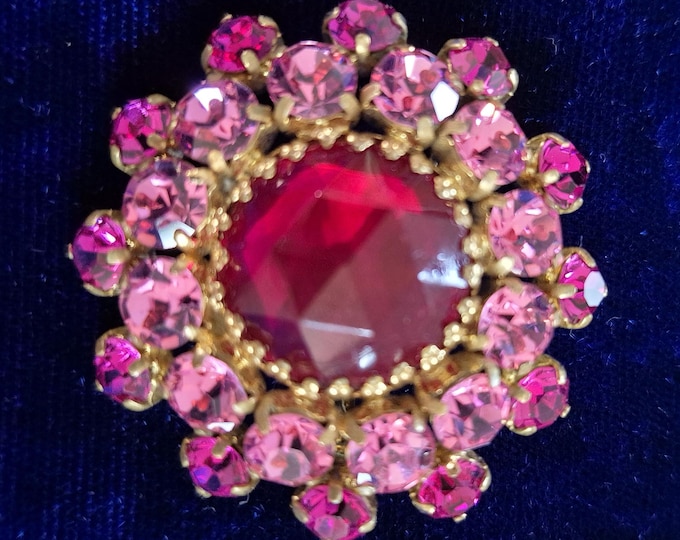 Vintage 1940-1950's Rhinestone Gold Tone Brooch Pin, Jewelry, Red Pink Magenta, Starburst, Floral, Classic, Made in USA