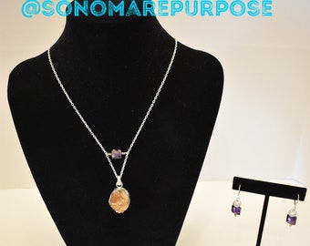 Citrine Gem Stone Pendant and Earring Set, Sterling Silver clasp and ear wires, purple CZ bead, Crystals, Hand Made Jewelry Set, Jewelry Set