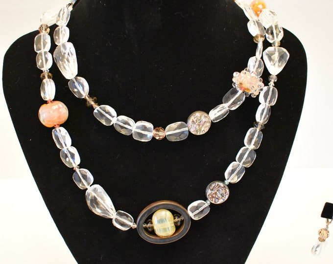 Faceted Rock Crystal Necklace and Earring Set, Hand knotted with Frech Wire Ends, Lampwork Beads, Crystals, Wood, Abalone, Silver Earrings