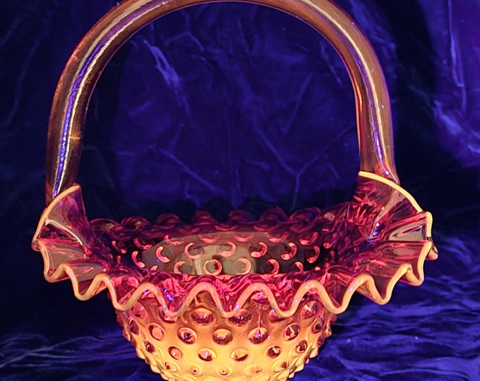 Vintage Mid Century FENTON Orange Hobnail Cadmium Ruffled Basket Glass Vase / Planter, Vintage Orange Glass Basket, Pressed Glass Basket