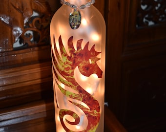 Flaming Seahorse Frosted Wine Bottle Light with Vintage Sea Shell topper (White Lights), Tiki Bar Light, Tiki Bar, Man Cave Light, Seahorse