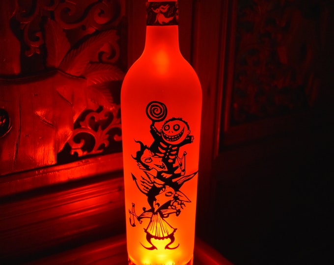 Nightmare Before Christmas Bottle Light Lock, Shock and Barrel Frosted Wine Bottle Multi Color or Individual Color w/Remote, Halloween Party