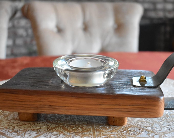 Vintage Hand Crafted Oak Wooden Slat Wine Barrel / Glass Votive Tea Light Candle Holder by Unknown Mfg