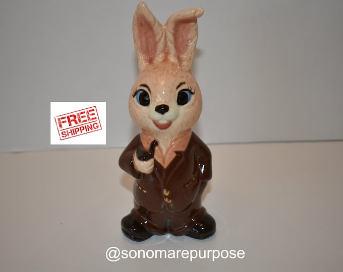 Vintage 1970's Handmade Hand Painted Father Bunny Ceramic Figurine, Ceramic Bunny Home Decor Figurine, Bunny Decor, Vintage Bunny, Rabbit
