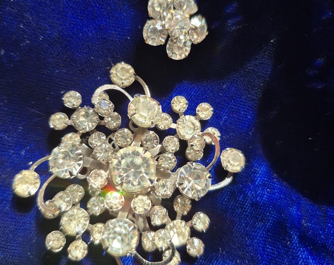 Vintage 1940-1950's Two Piece Brooch Pin Set, Clear Rhinestones, Jewelry, Floral, Starburst, Birthday, Silver Tone, Classic, Made in USA