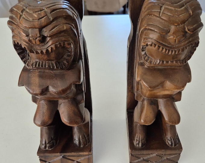 Lotof 2 Vintage 1970's Hand Carved Exotic Tiki God Book Ends Unknown Mfg, Mid Century Tiki, Hawaiian, Hawaiian Decor,Tiki Decor,Beach Decor