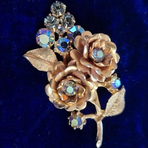Vintage 1940-1950&#39;s Crystal Rhinestone AB Gold Tone Floral Branch Brooch, Jewelry, Rose Bouquet Branch Pin, Birthday, Classic, Made in USA