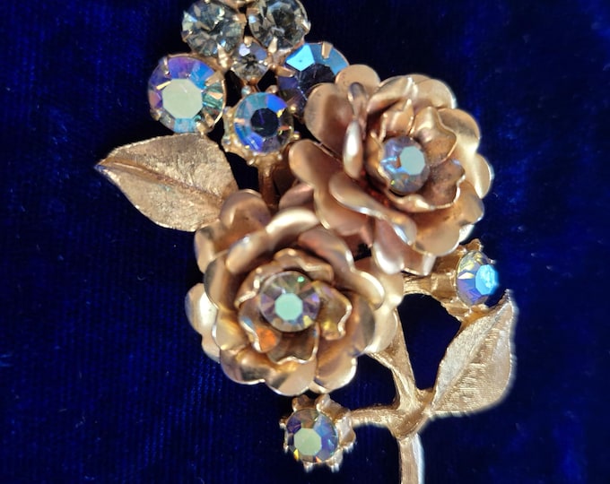 Vintage 1940-1950's Crystal Rhinestone AB Gold Tone Floral Branch Brooch, Jewelry, Rose Bouquet Branch Pin, Birthday, Classic, Made in USA