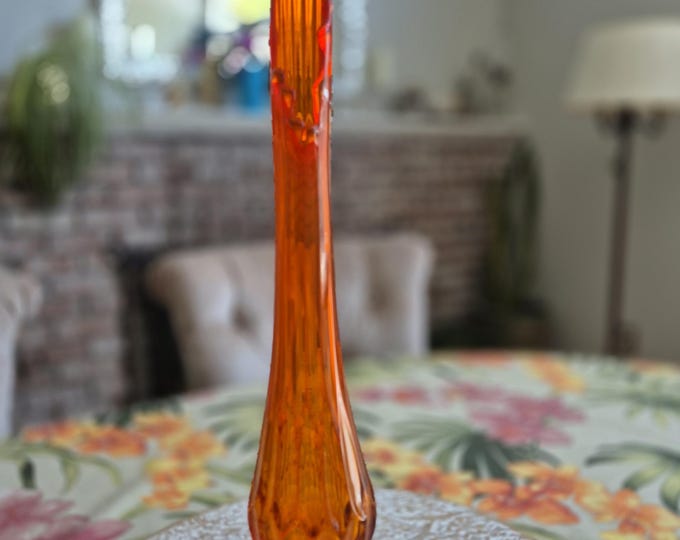 Vintage FENTON 18.50 Inch Tall Mid Century Orange Thumbprint UV Reactive Swung Flower Vase, Waterfall Vase, 1960's Flower Vase