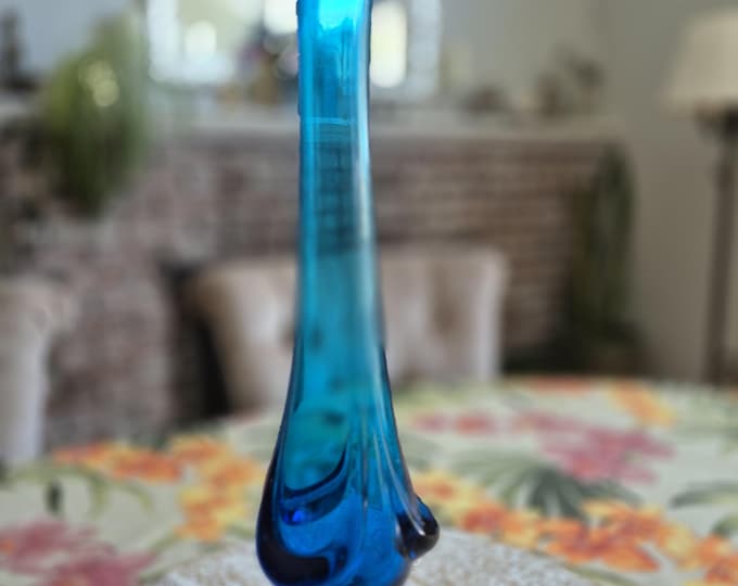 Vintage Blue VIKING Three Footed 16.25 Inch Mid Century Swung Glass Flower Vase, Waterfall Vase,1960's Flower Vase,Vintage Glass Flower Vase