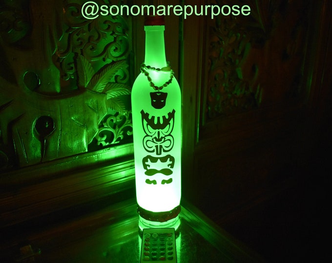 Frosted Wine Bottle Light Brown Maori Warrior Tiki God with Vintage Sea Shell Topper Multi Color Lights with RemoteTiki Bar Light, Tiki Bar