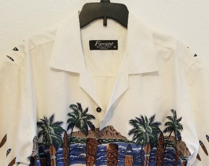 Favant Designed in Hawaii White Hawaiian Surf Board / Tiki Shirt Men's Size XL,Hawaiian Shirt,Hawaiian Shirt,Tiki Shirt,Tiki Party,Tiki Time