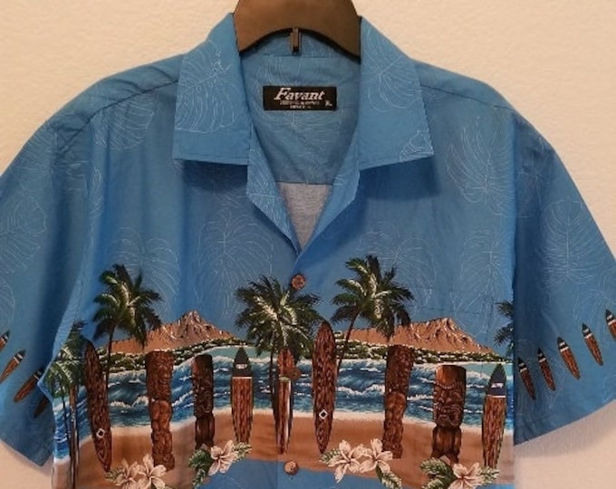 Favant Designed in Hawaii Blue Hawaiian Surf Board / Tiki Shirt Men's Size XL, Hawaiian Shirt, L, Tiki Shirt, Tiki Party, Tiki Time
