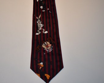 Vintage 1995 Looney Tunes Tasmanian Devil Bugs Bunny etc Mens Necktie, Looney Tunes Mens Tie, Polyester Tie, Animation Character Mens Tie