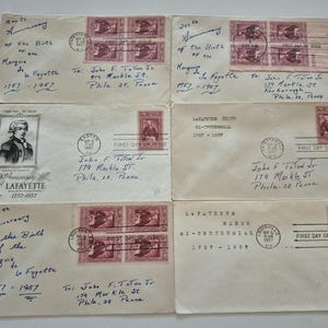 Lot of 6 Vintage 1957 200th Anniversary of the Birth of the Marquis De La Fayette Stamp First Day Covers, Stamps, United States Stamps