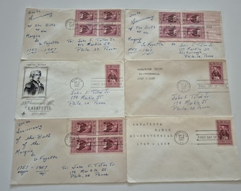 Lot of 6 Vintage 1957 200th Anniversary of the Birth of the Marquis De La Fayette Stamp First Day Covers, Stamps, United States Stamps