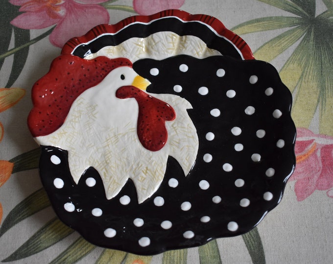 Vintage FITZ & FLOYD Embossed Rooster / Chicken Ceramic Plate 8.50" Essentials Rise and Shine, Polka Dots, Farm House Decor, Country Kitchen