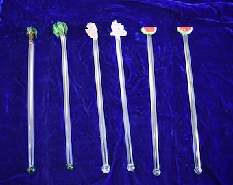 Vintage Hand Made Glass Swizzle Sticks Pink Elephant, Watermelons & Palm Trees, Lot of 6, Vintage Swizzle Sticks, Tiki, Tiki Time,Tiki Party