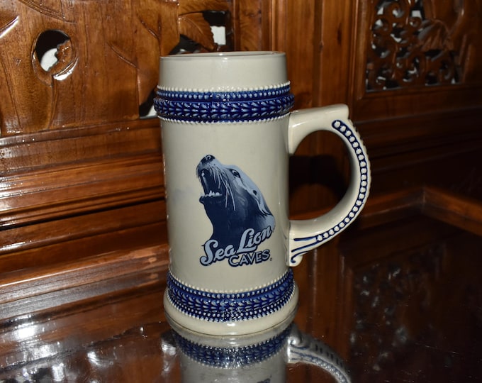 Vintage Sea Lion Caves Souvenir Ceramic Blue Gray German Style Beer Stein Mug Cup Oregon Coast, Sea Lion Caves Souvenir,Custom Beer Stein