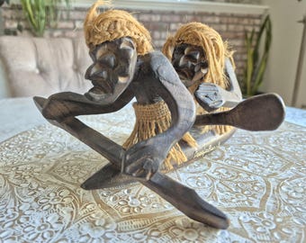 Vintage 1980's Hand Carved Tiki Kayak Gods, Mid Century Tiki, Hawaiian Tiki God, Hawaiian Decor, Tiki Decor, Tiki Wood Carving, Beach Decor