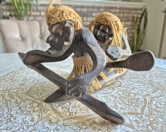Vintage 1980's Hand Carved Tiki Kayak Gods, Mid Century Tiki, Hawaiian Tiki God, Hawaiian Decor, Tiki Decor, Tiki Wood Carving, Beach Decor